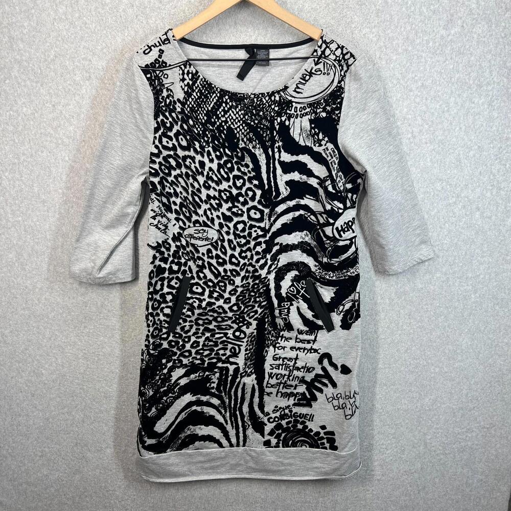 Desigual‎ Zebra Cheetah Print Dress Black Gray T Shirt Logo 3/4 Sleeve Womens XL